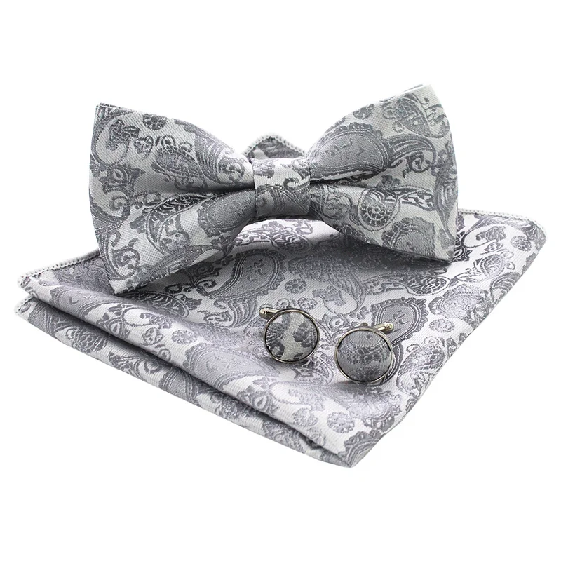 JEMYGINS Классический Пейсли мужской галстук-бабочка набор сплошной цвет два слоя предварительно завязанные бантики и карманные Квадратные Запонки Бизнес Свадебный галстук