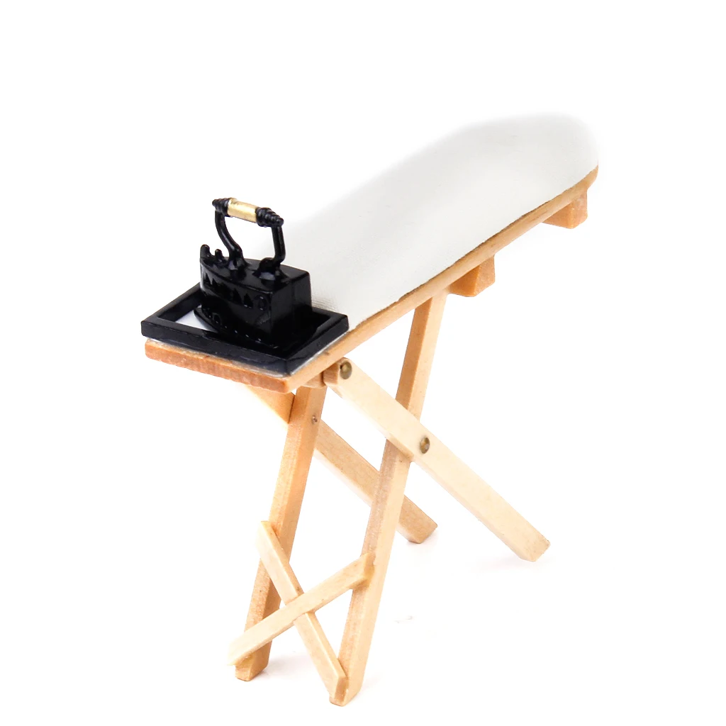 Dolls house Miniature sewing room Iron Wooden Ironing Board Set for 1/12 Scale