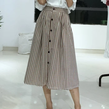

Elastic Waist A-line Buttons Plaid Long Skirts Korean Style Pockets Classic Latticed Mid-calf Pleated Skirt