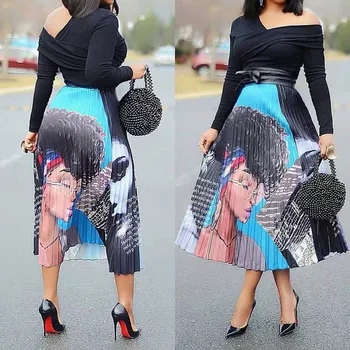 

2019 Summer Autumn New-Coming Printing Cartoon High Street Europen Style Women Skirts High Elastic A-Line Skirts with Lining