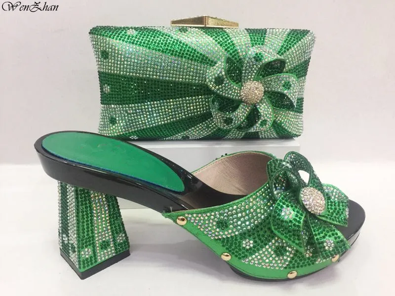 

2018Young Green Italian Shoes With Matching Bags High Quality Rhonestones Woman Shoes And Bags Set For Party Wedding C85-11