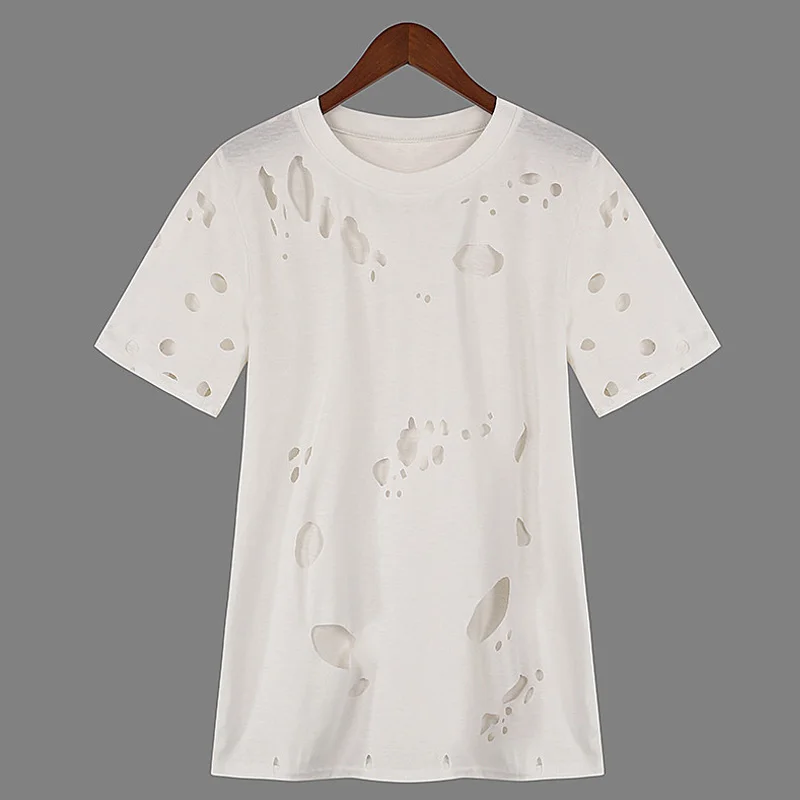 Gtime Прямая поставка Летняя футболка с дырками Женская мода Черный Белый хлопок короткий рукав рваные Топы Рубашки Повседневная футболка KQF3