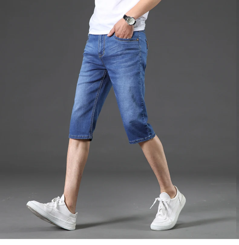 Новая летняя коллекция 2019, мужские деловые шорты для активного отдыха, джинсы высокого качества, облегающие эластичные синие темно-синие
