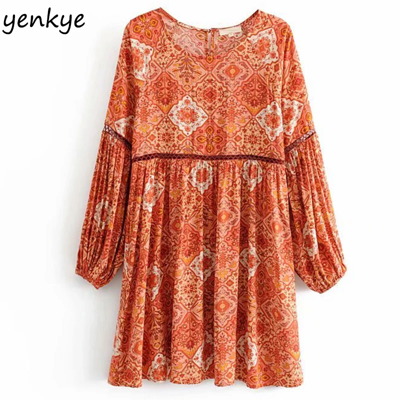 

Summer Dress 2019 Women Floral Print Beach Boho Dress Female Round Neck Long Sleeve Pleated Casual Dress Short vestidos