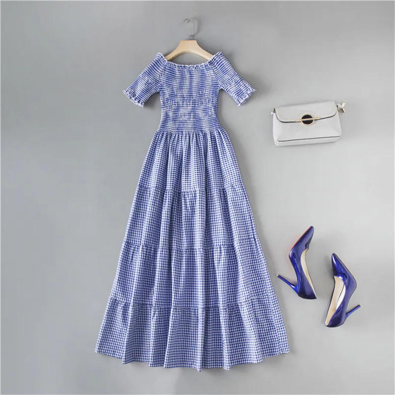 

2019 Elegant Off Shoulder Slim Plaid Print Summer Fashion Dress Elastic Sexy Party Women Casual Vestidos Beach Midi Long Dresses