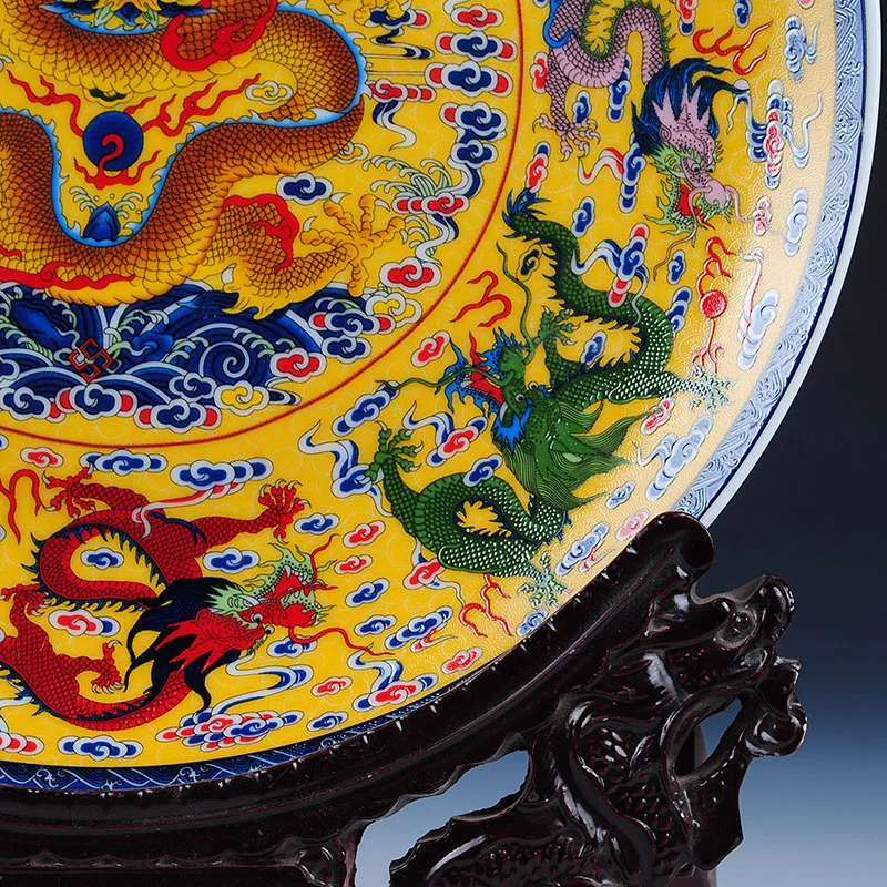 Fengshui Art Ceramic Ornamental Plate Ancient China Nine Dragons Decoration Wood Base Porcelain Traditional Chinese Plate Set 5