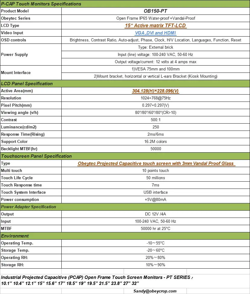 Obeytec 15 дюймов промышленный емкостный открытая рамка ЖК-сенсорный монитор, PCAP сенсорный экран, 10 точек касания, IP65, антивандальный, Driv