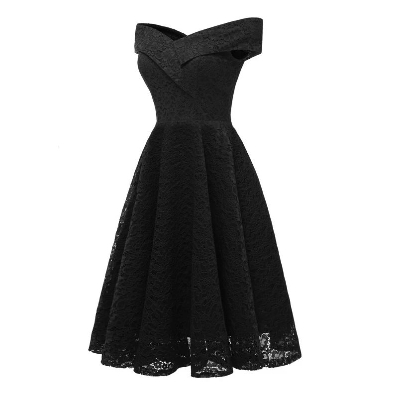 Черное винтажное элегантное кружевное миди-платье с открытыми плечами, вечерние платья-туника с открытыми плечами, платья-туники, vestido fiesta mujer