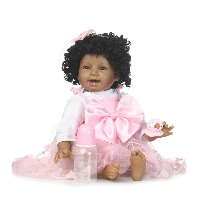 

New Native American Black Skin African Ethnic Bonecas Reborn Dolls 55cm Soft Silicone Vinyl Reborn Baby Dolls with Black Hair