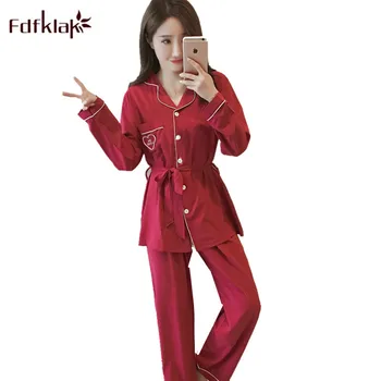 

Fdfklak Fashion Pyjama Femme Soft Pajamas for Women Long Sleeve Faux Silk Home Clothes Womens Sleepwear Nightwear pijama mujer
