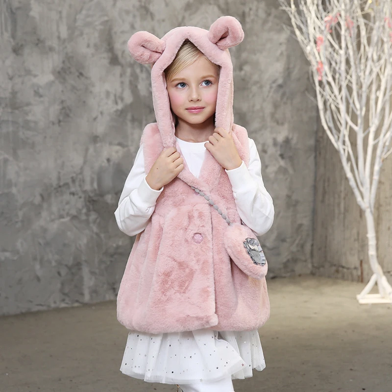 

Girls Plush Vest New Pattern Candydoll Kid Winter Outerwear Cartoon Rabbit Ears Hooded Cute Bag Warm Breathable Girl's Waistcoat