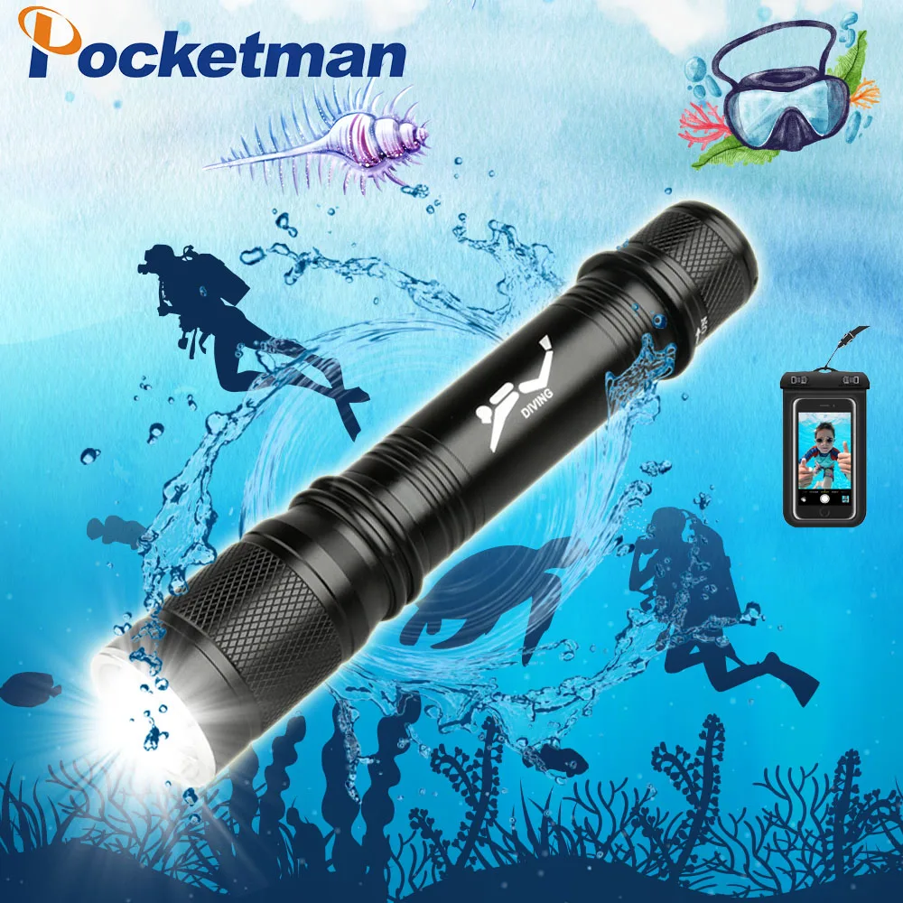 T6 للماء الغوص تحت الماء 80 متر LED الغوص مضيا الشعلة ضوء المصباح التخييم الفانوس مع ستبليس يعتم إضافة هدية