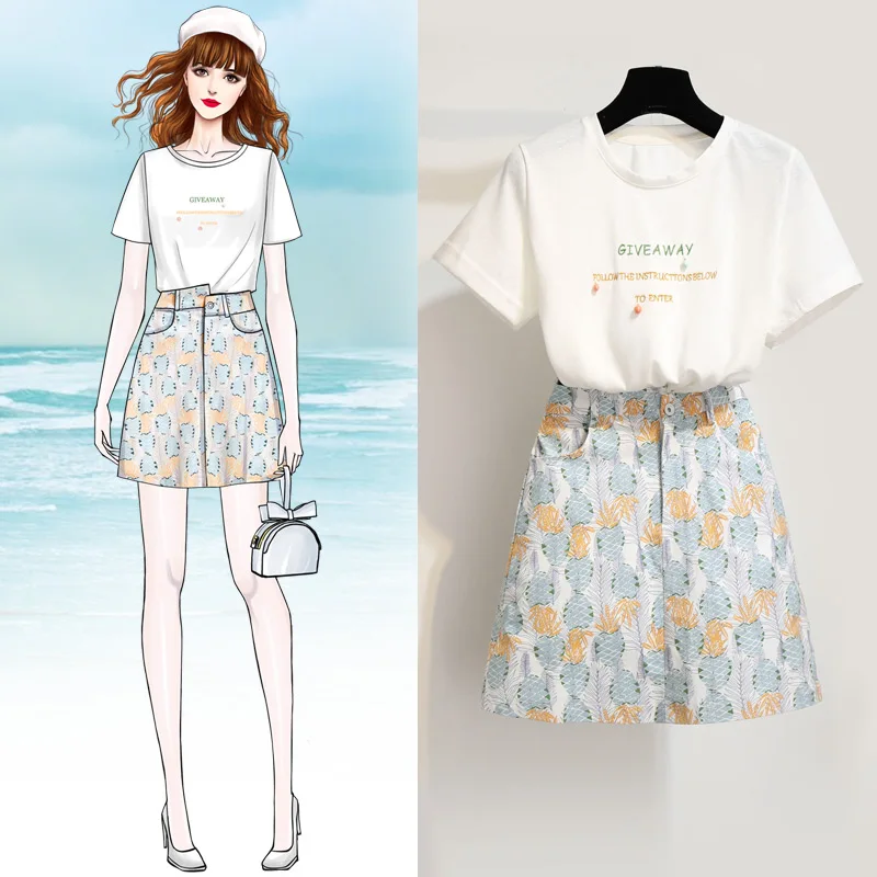 

2019 Summer Casual Two Piece Set Sweet Girls Letter Embroidery White T Shirt + Printing Mini Skirts Suits For Elegant Women