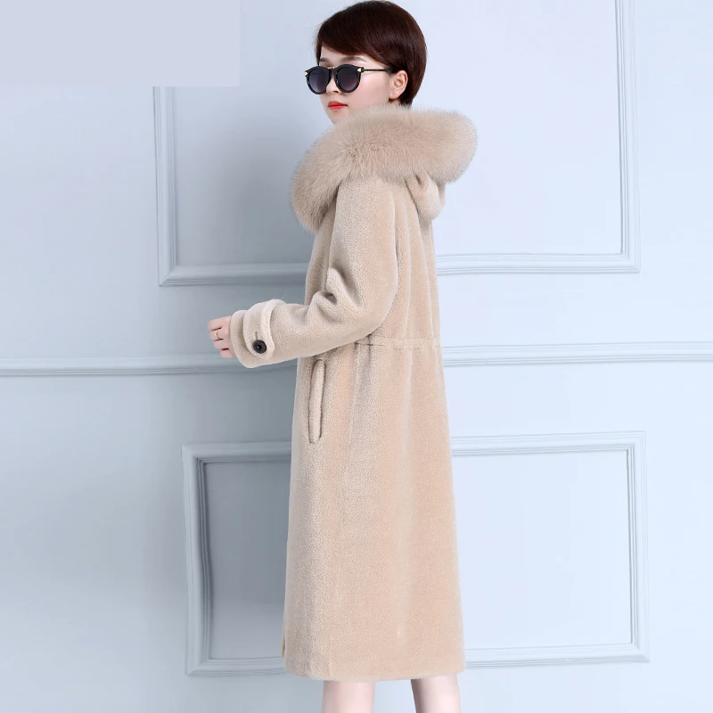 New100 Beige Capuche Slim Véritable À Mouton Veste Manteau Fourrure Européenne Laine De camel Z845 Hiver Femmes Renard Tops SrSnfqaw