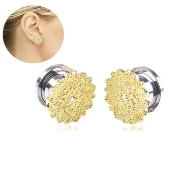 

12pcs/lot Flower Ear Stretcher Stainless Steel Flesh Double Flare Saddle Ear Plug Tunnel Body Piercing Jewelry