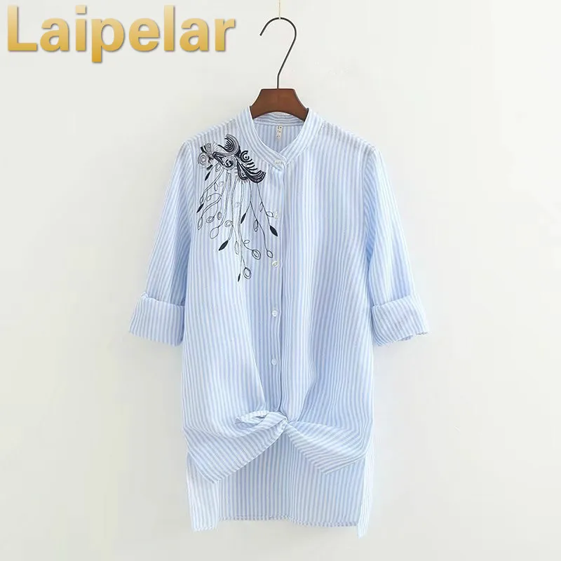 

Autumn stand collar embroidery long-sleeved shirt top fashion embroidered striped blouse shirt Laipelar Women Clothes
