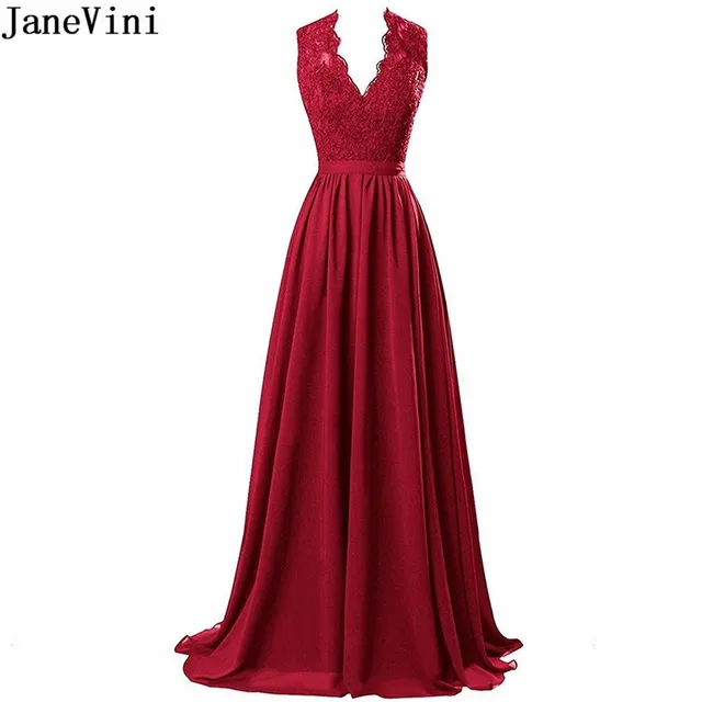 Special Offers JaneVini Burgundy Chiffon Long Bridesmaid Dresses Sexy Deep V Neck Lace Appliques Beaded Backless A Line Women Formal Prom Gowns