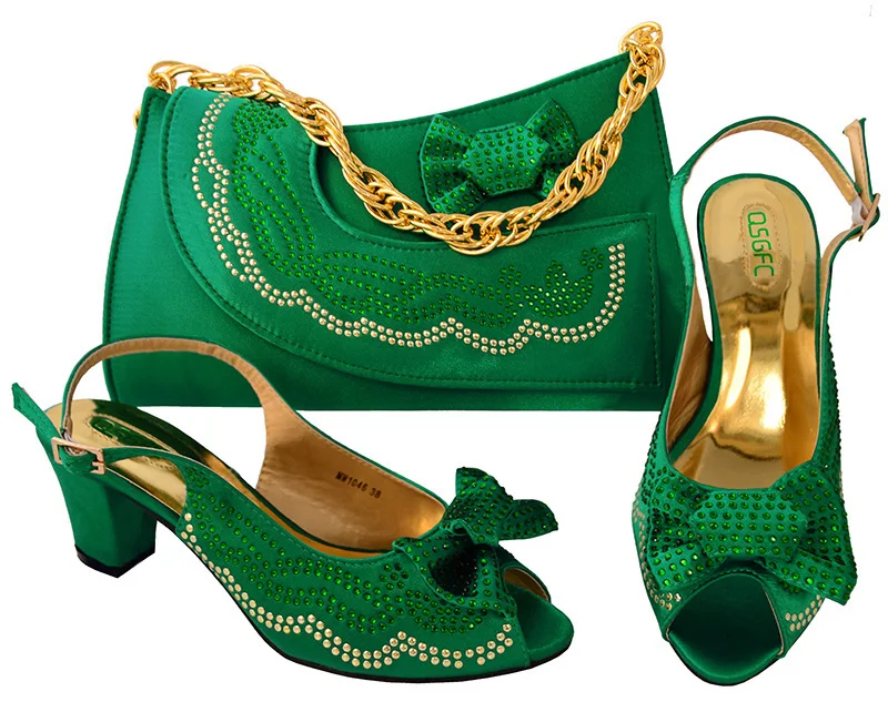 

Big size 38 to 43 low heel green shoes and bag matching set for african aso ebi wedding party free shipping SB8094-3