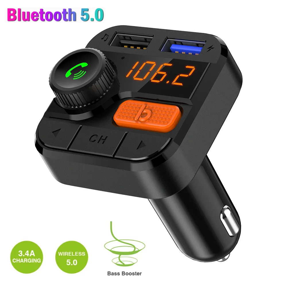

Konrisa Bluetooth 5.0 FM Transmitter Modulator Bass Music Handsfree Car Kit Radio MP3 Player Support TF Card U-disk USB Charger