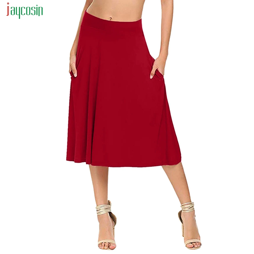 

Jaycosin Basic Solid Stretch Elastic High Waist Skirt Casual Elegant Flare Pockets A Line Falda Saia Jupe Knee-length Skirts