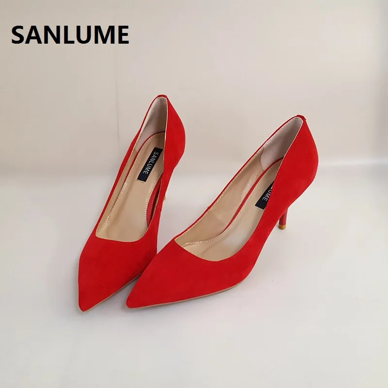 

SANLUME 7CM 10CM Women Pointed Toe Suede Leather High heels Classics Red Work office pumps sheepskin inside Lady Shoes 40