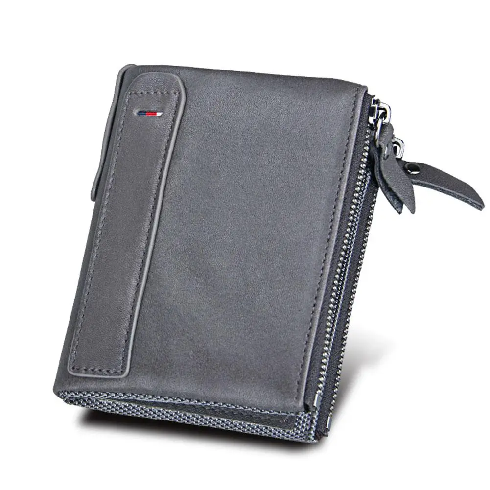 Banabanma Genuine Wallet Cowhide Leather Men Wallets Double Zipper Short Purse Coin Pockets Anti RFID Card Holders Wallet Men 40 - Цвет: gray