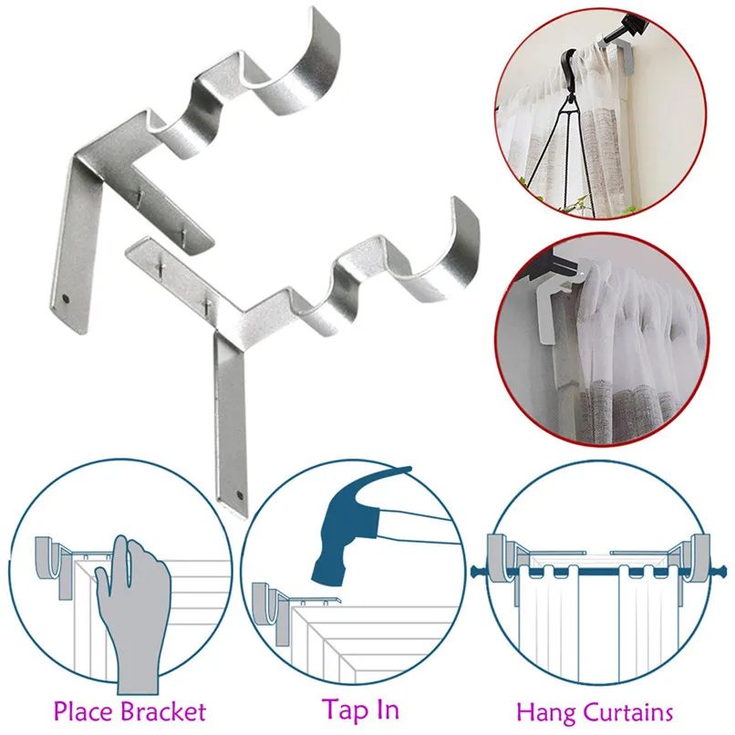 1 Pair Curtain rod bracket silver Hang Curtain Rod Holders Tap Right Into Window Frame Curtain Rod Bracket #2h08 (6)