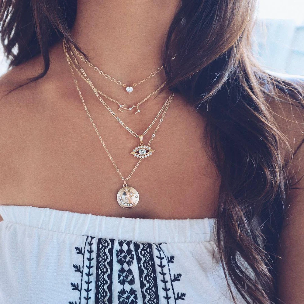 

2019 New Fashion Multi layer Crystal Geometry Star Moon Necklaces & Pendants For Women Trendy Charm Gold Chain Necklace Jewelry