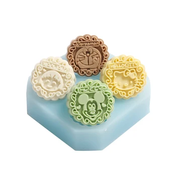 

DIY Soap Mold 4-cavity Mooncake Shaped with Cartoon Pattern Silicone Mould Handmade Home Decorative Tool