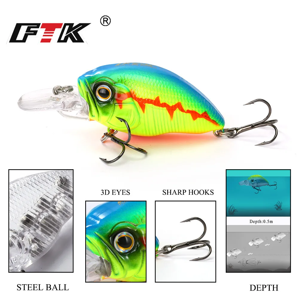  FTK Colorful Swim Fish Fishing Lure 1pcs 47mm 10g Floating Hard Crankbait Fishing Depth 0.05m Topwa