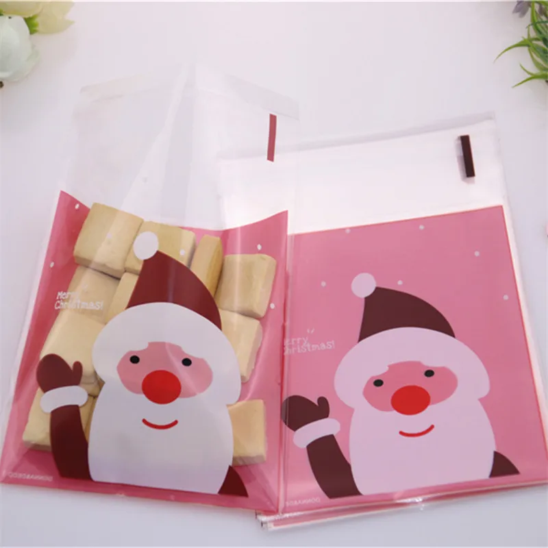 

New Design 100pcs/lot 10x13cm Pink Christmas Cookie Gift Packaging New Year Candy Sachet Plastique