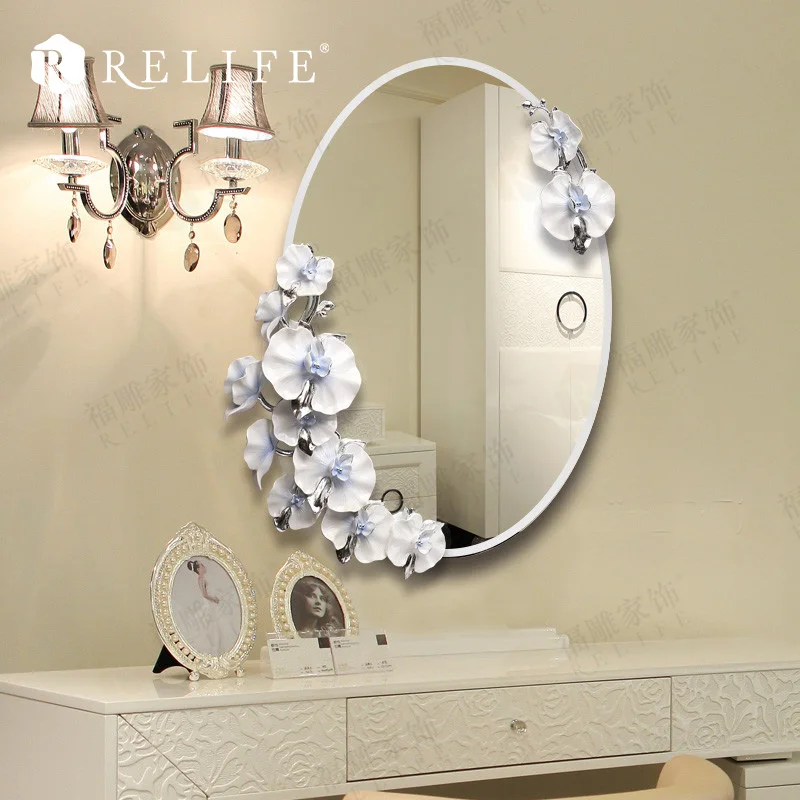 Espejo de pared ovalado moderno de resina de baño flores decorativas Anti-niebla decoración espejos decoración del hogar