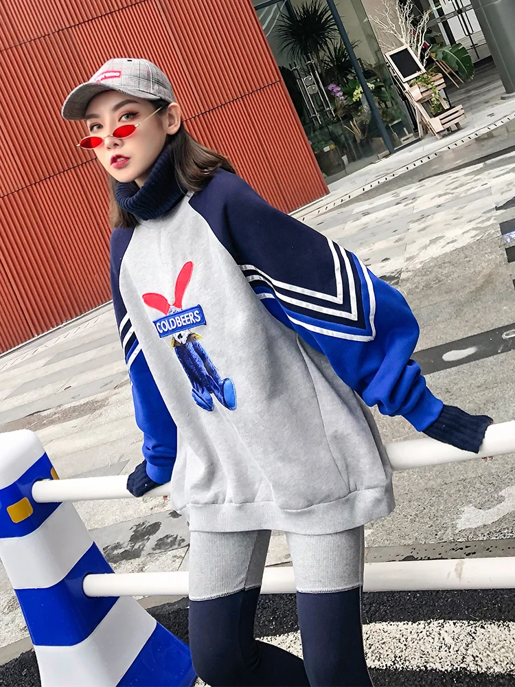 Cartoon Rabbit Plus Velvet High Collar Female Loose Spring Autumn Thai Tide Lazy Wind Color Women Casual Hoodies Cartoon Rabbit Plus Velvet High Collar Female Loose Spring Autumn Thai Tide Lazy Wind Color Women Casual Hoodies