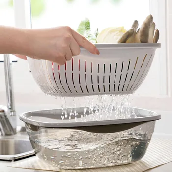 

OTHERHOUSE Kitchen Double Drain Basket Wash Fruit Colanders Drainer Basin Vegetables Draining Sieve Food Washing Filter Strainer
