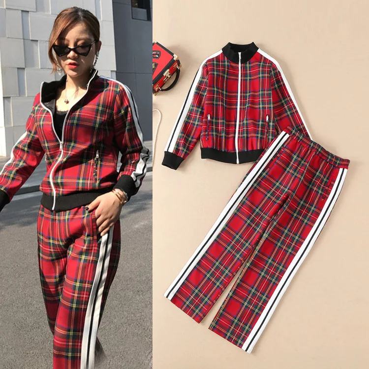 

Fall and Winter 2019 New Women's Wear Long-sleeved Red Checker Baseball Coat + Straight Trousers Casual Suit Pants Set Women