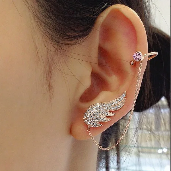2017 New Style Fashion Ear Cuff Jewelry Inlay Clear Zircon Crystals 2017 New Style Fashion Ear Cuff Jewelry Inlay Clear Zircon Crystals Angel Wings With Chain Stud Earring For Women E873833 In Earrings From