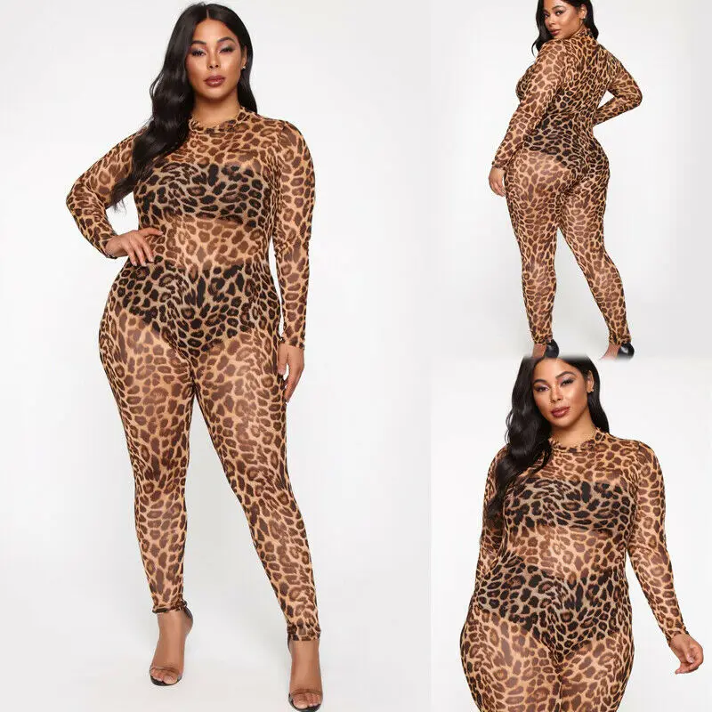 

Leopard Print Bodysuit Women Mesh Sheer Transparent Body Femme Casual Rompers Womens Jumpsuit Casual Long Sleeve Sexy Bodysuit