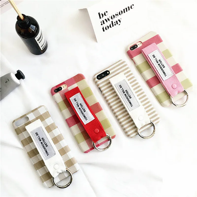 Корея Супер Популярный полоса решетки Холст Пояса Рука Жесткий PC phone Case для iPhone 6 S