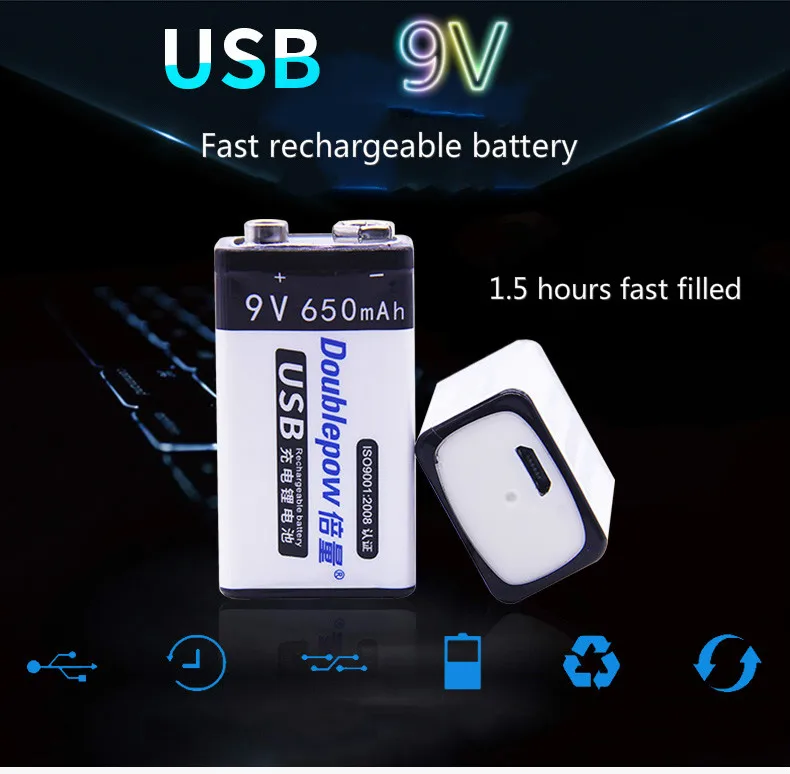 

2 pcs. 9V original Doublepow USB battery 6F22 9V 650 mAh wireless microphone KTV tool using smart battery