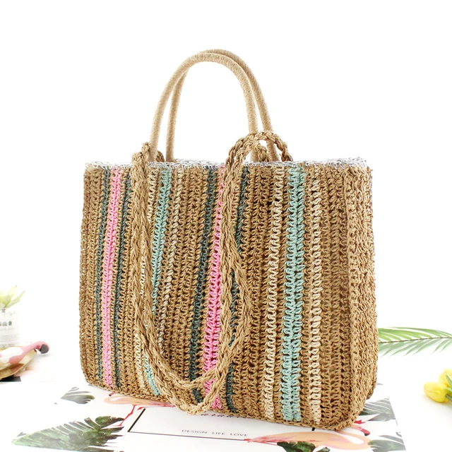 Colorful Paper Rope Beach Bag - Woven Shoulder Tote for Summer Fashion