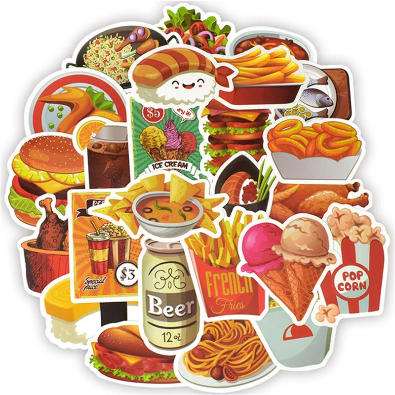 

50Pcs/set Fast Food Drink Hamburger Cola Noodle Sticker for Refrigerator Laptop Car Skateboard Helmet Bicycle Suitcas Decors