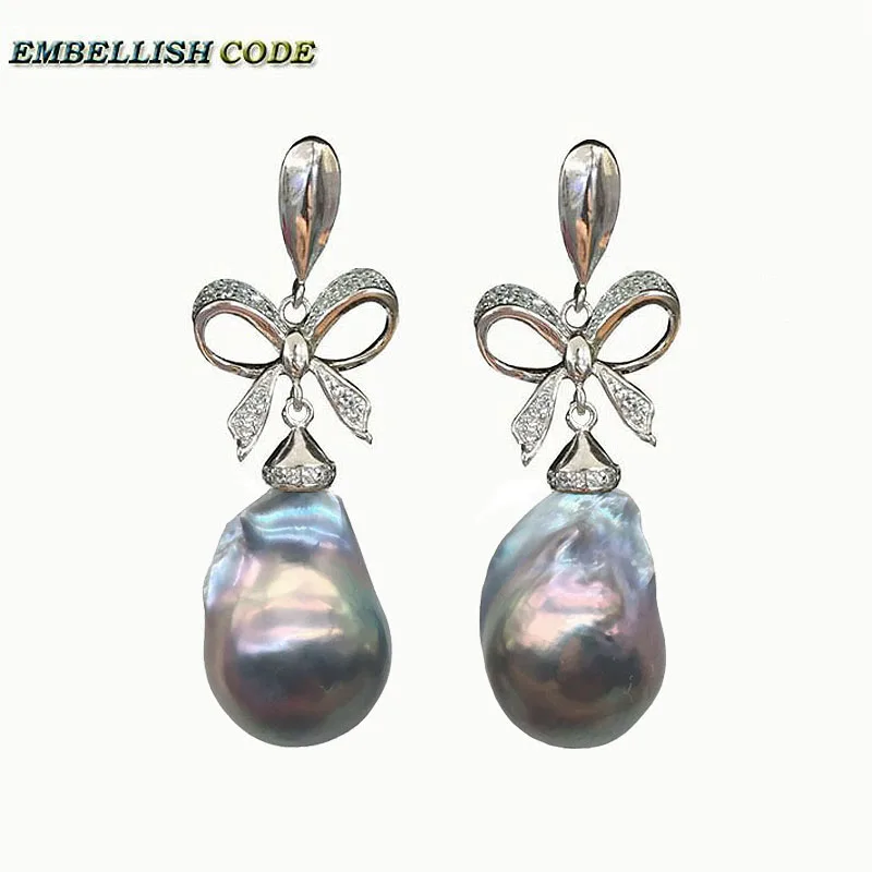 

baroque pearls Bowknot style noble dangle earrings grey color flame ball tissue nucleated freshwater pearl 925 silver for women