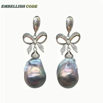 

baroque pearls Bowknot style noble dangle earrings grey color flame ball tissue nucleated freshwater pearl for women