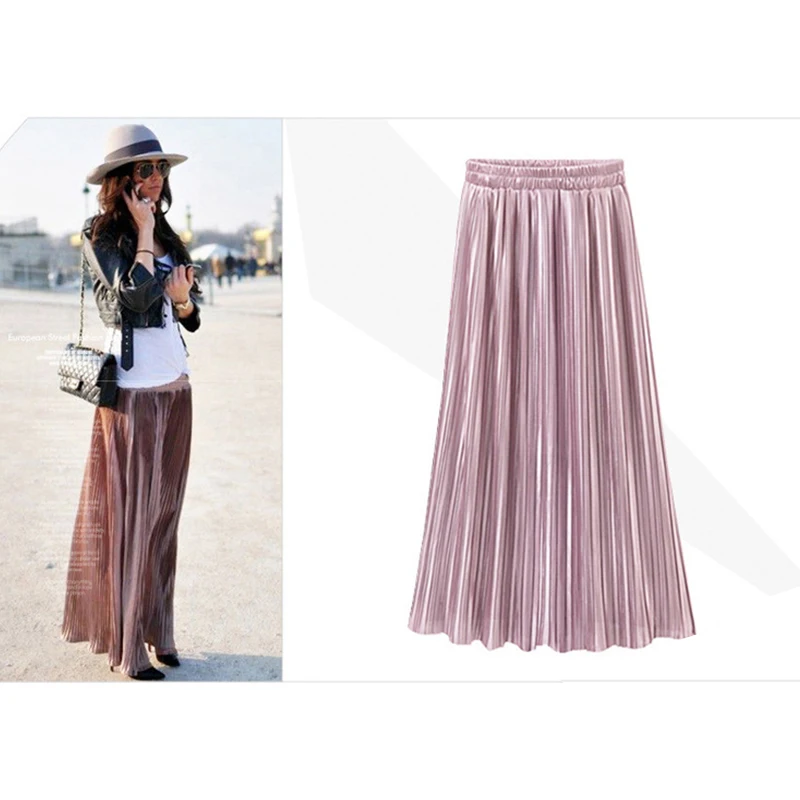 

Fanco Spring Summer Pleated Skirt Womens Vintage High Waist Skirt Solid Long Skirts New Fashion Metallic Skirt Female