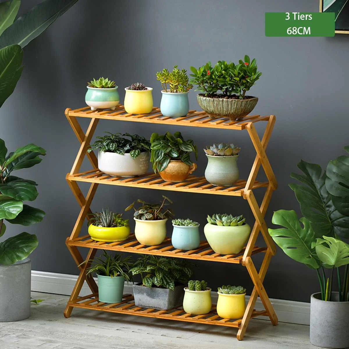 2/3/4/5 Tiers Foldable Natural Plant Stand Flower Pot Decor Shelf Garden Balcony Planter Flower Pot Tray Display Rack