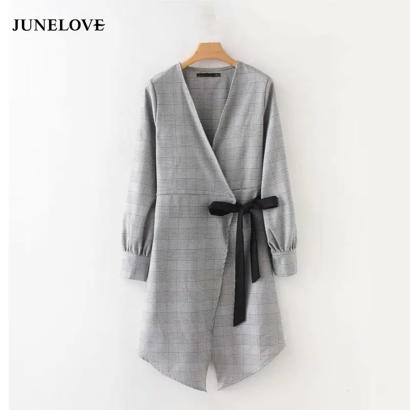 

JuneLove 2019 women vintage v neck houndstooth plaid irregular hem kimono dress office lady slim vestidos bow dress