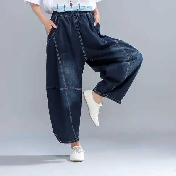 BUYKUD 2018 Summer Casual Women Light Blue Denim Jeans Lantern Pants Elastic Waist Harem Loose Ankle-Length Pants With Pockets (3)