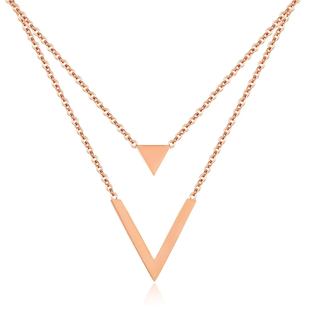 

New Fashion Double-deck Triangle and V collar Necklaces For Women Charm Stainless Steel Rose Gold Color Girls Jewelry Gift