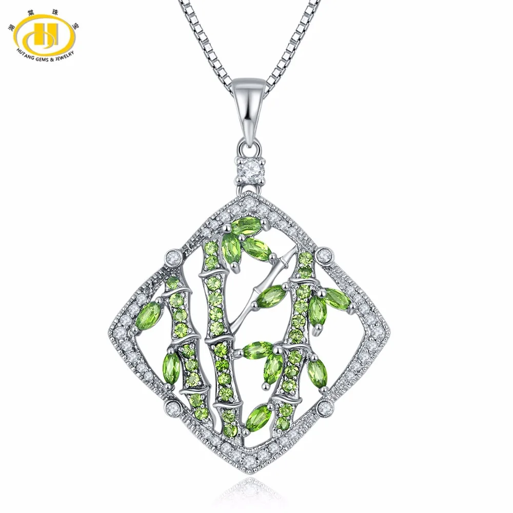 

Hutang Solid 925 Sterling Silver 1.66ct Natural Gemstone Chrome Diopside Bamboo Shape Pendant Necklace Jewelry For Women Gift