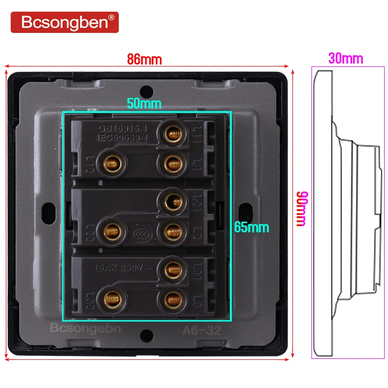 Bcsongben Стандартный Переключатель кнопочный светильник настенный выключатель Черный дверные ручки из нержавеющей стали акриловые 3 Gang 2 позиционный переключатель переменного тока 110-250V kd1-3k2